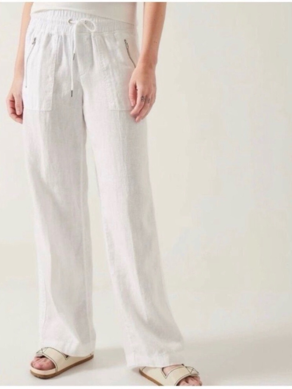 Athleta Cabo Linen Wide Leg Beach Pants White Size 4 Tall 33”Inseam